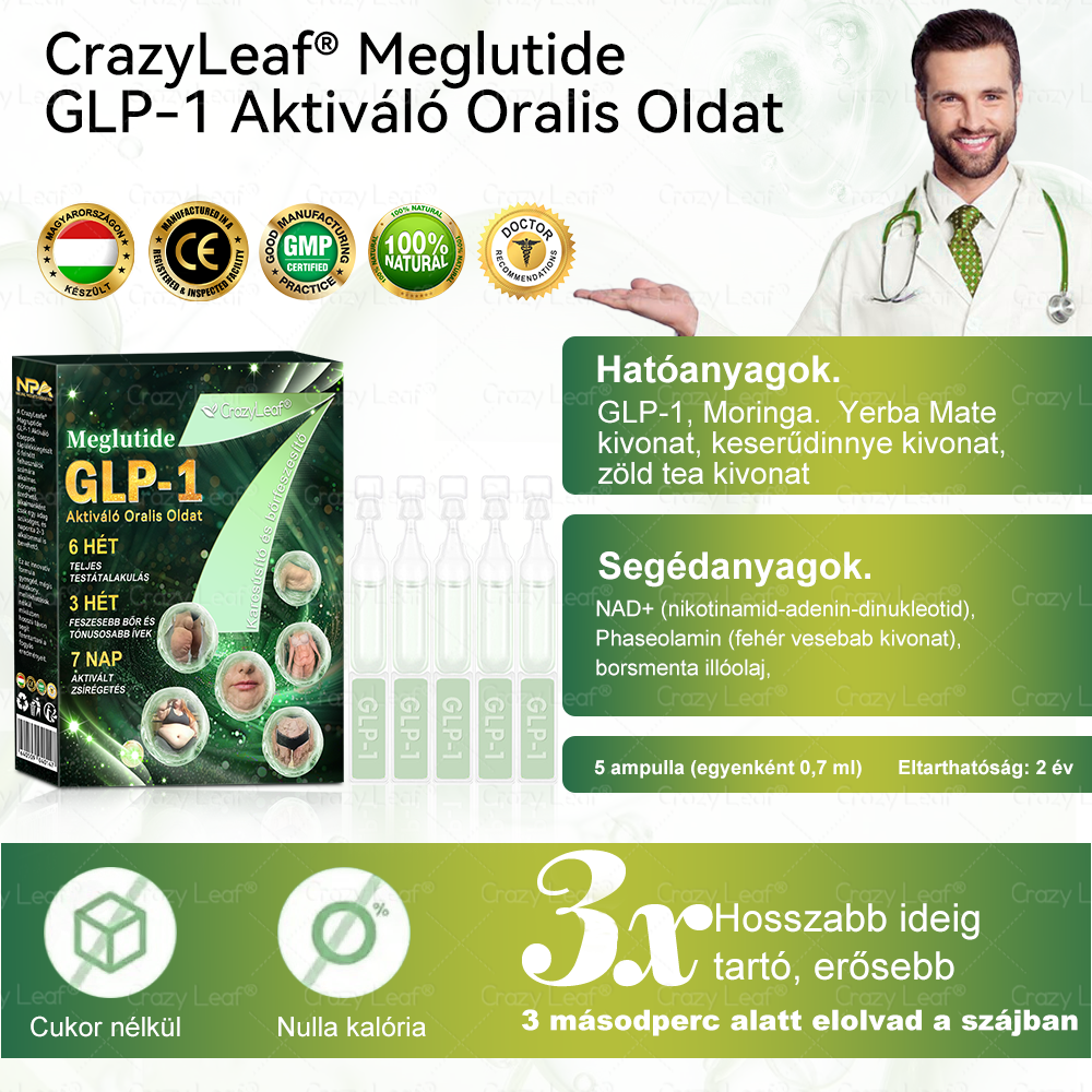 Mayo Klinika által ajánlott | ☘️CrazyLeaf® Meglutide GLP-1 Aktiváló Oralis Oldat – Tartalmaz moringát, NAD+-t és yerba matét, természetes támogatás fogyáshoz, öregedésgátláshoz és cukoranyagcseréhez
